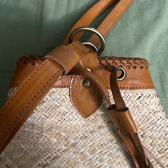 Anthropologie Street Level Boho Backpack Rattan Leather Tassels Circle Bag NWOT - Picture 3 of 10